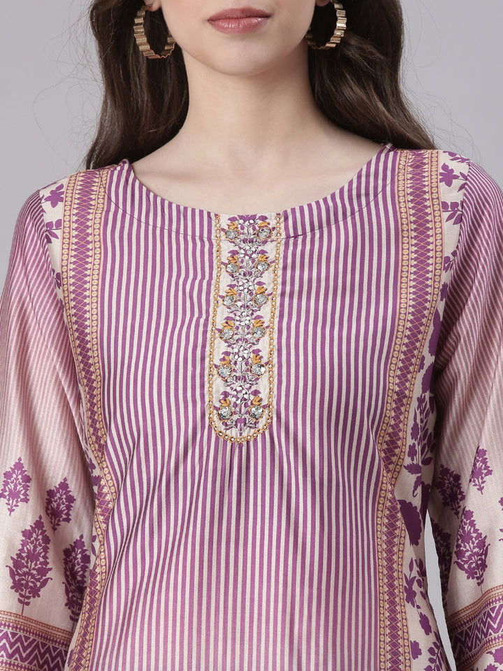 Neerus Purple Printed Straight Kurta and Trousers With Dupatta