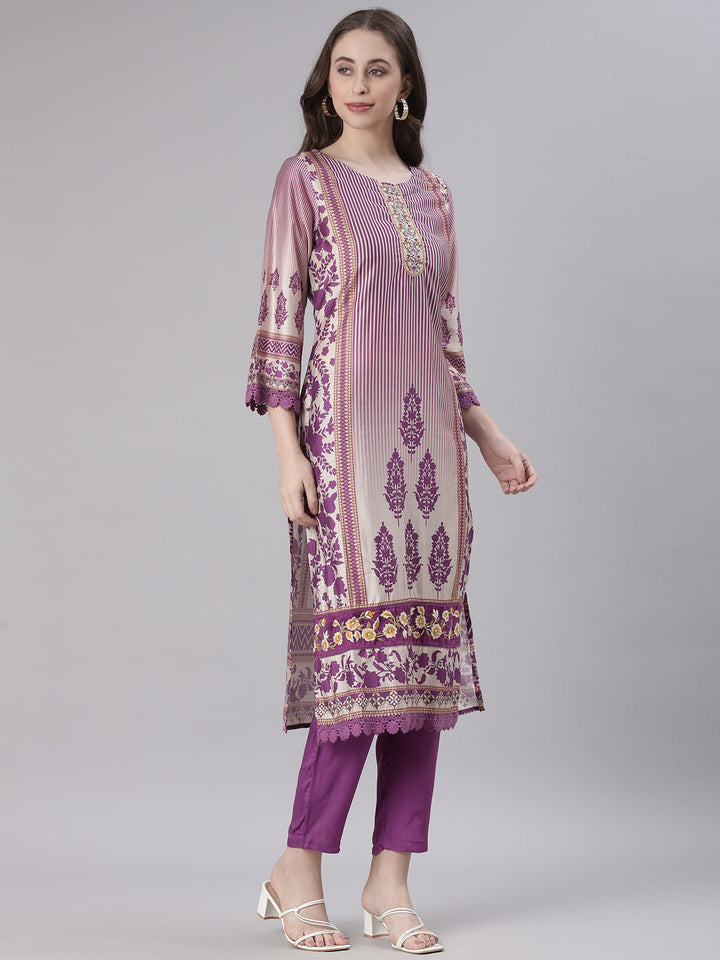 Neerus Purple Printed Straight Kurta and Trousers With Dupatta