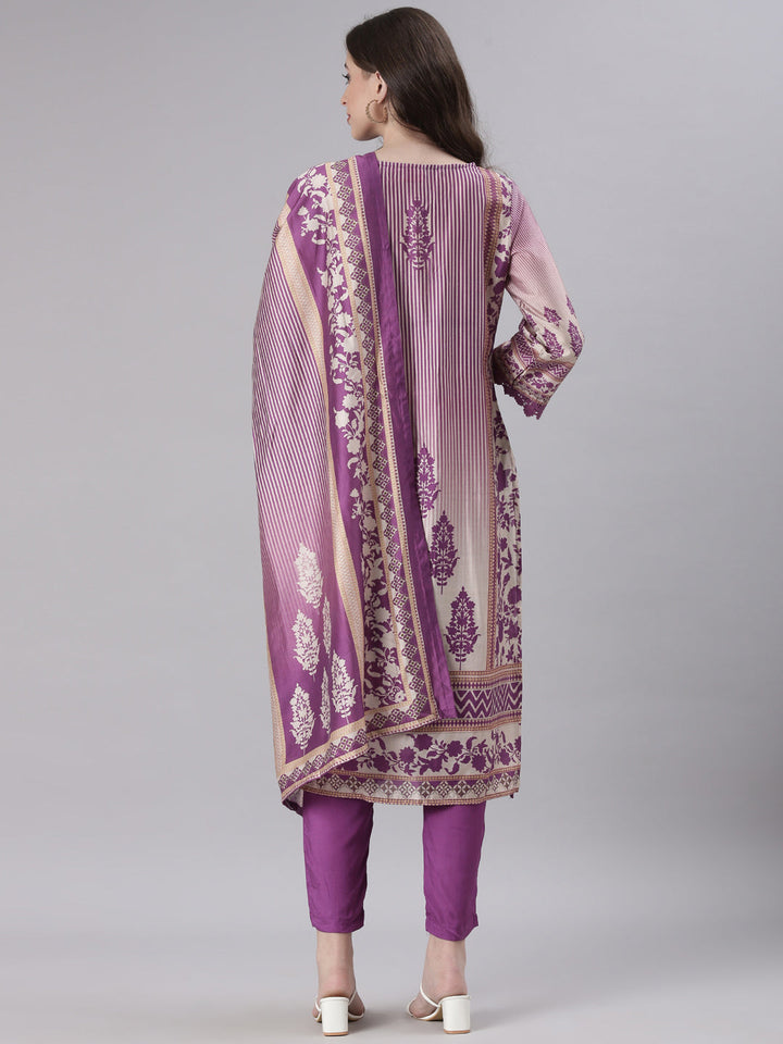 Neerus Purple Printed Straight Kurta and Trousers With Dupatta