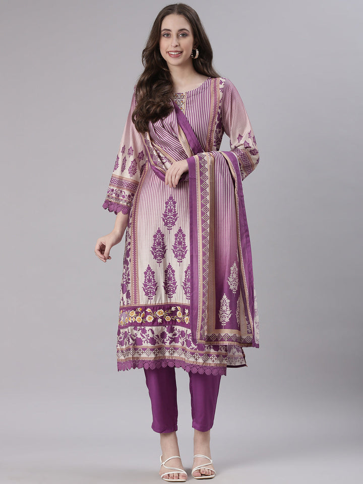 Neerus Purple Printed Straight Kurta and Trousers With Dupatta