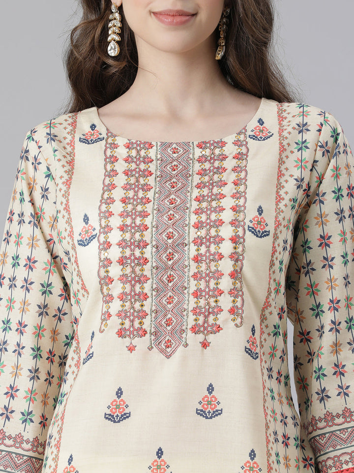 Neerus Yellow Printed Straight Kurta and Trousers With Dupatta