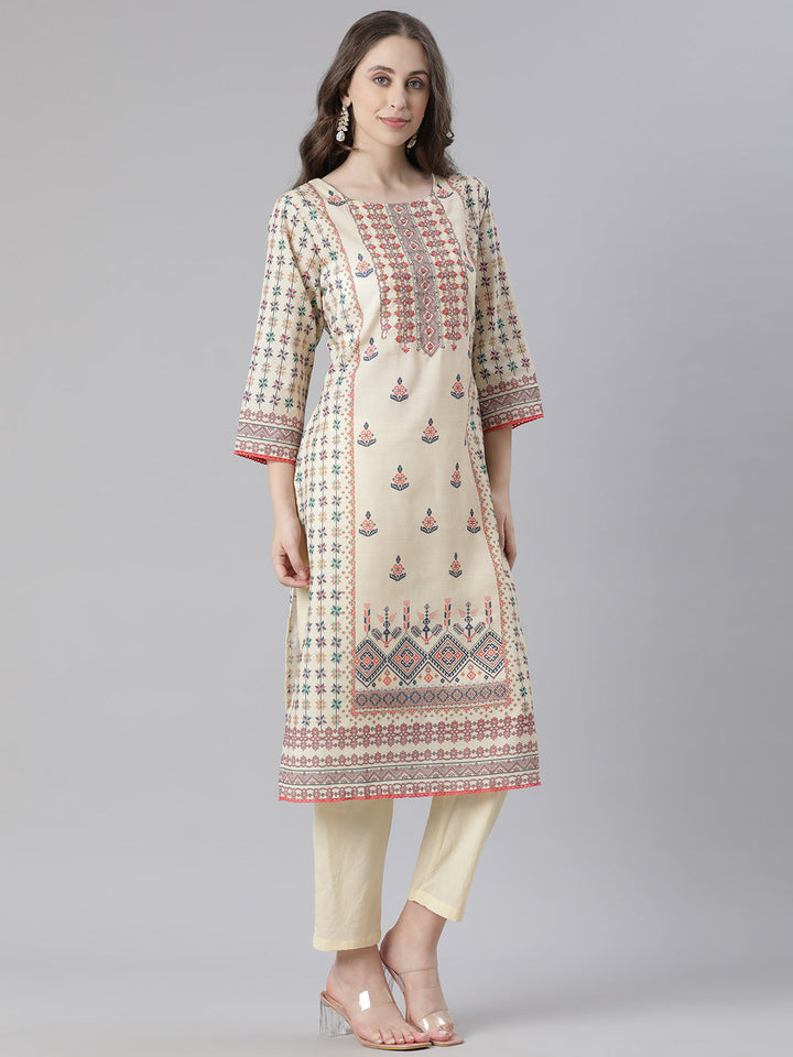 Neerus Yellow Printed Straight Kurta and Trousers With Dupatta