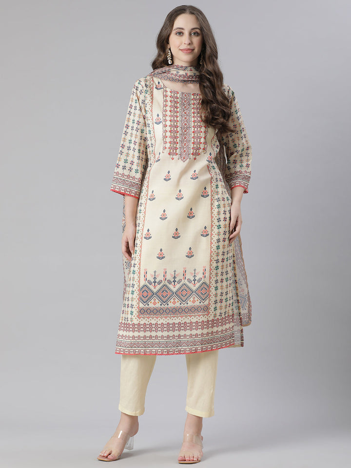 Neerus Yellow Printed Straight Kurta and Trousers With Dupatta