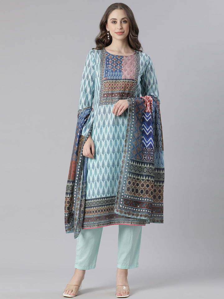 Neerus Blue Printed Straight Kurta and Trousers With Dupatta