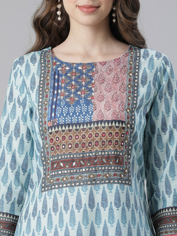 Neerus Blue Printed Straight Kurta and Trousers With Dupatta