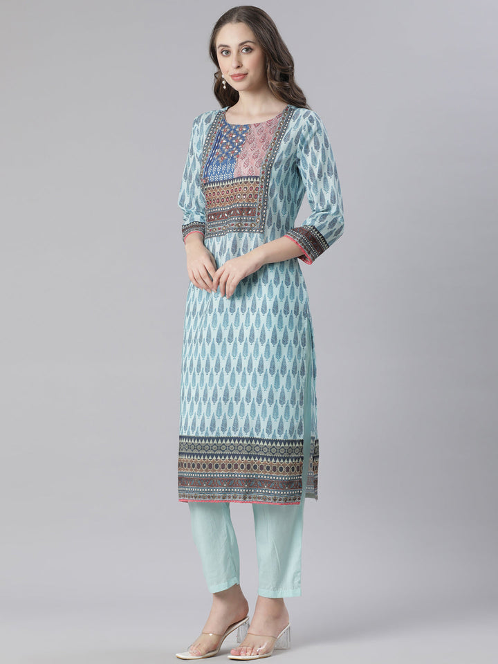 Neerus Blue Printed Straight Kurta and Trousers With Dupatta