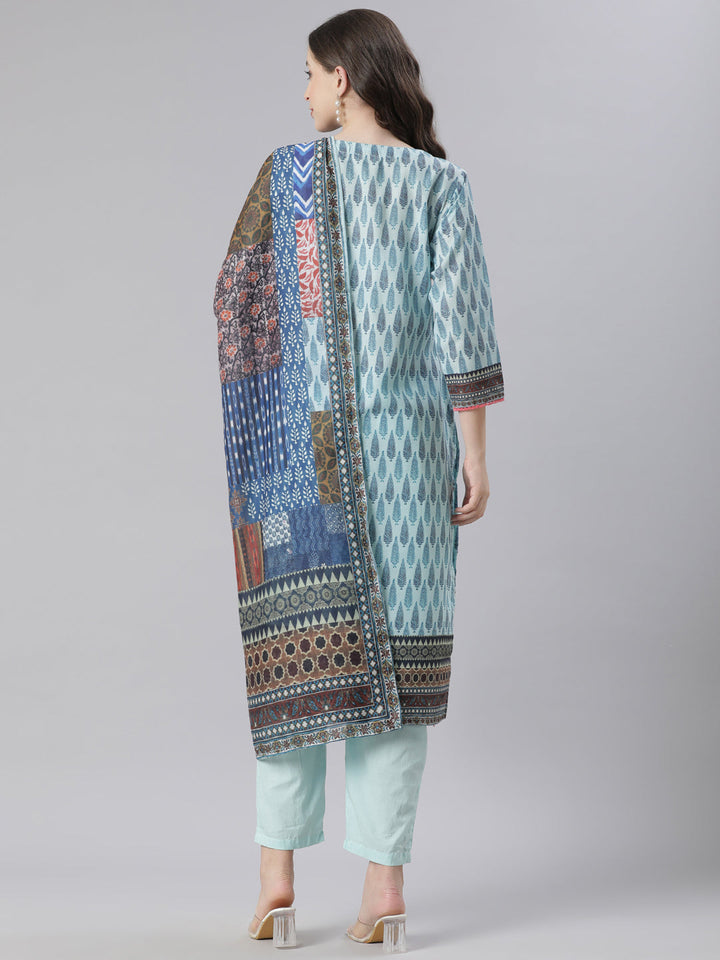 Neerus Blue Printed Straight Kurta and Trousers With Dupatta