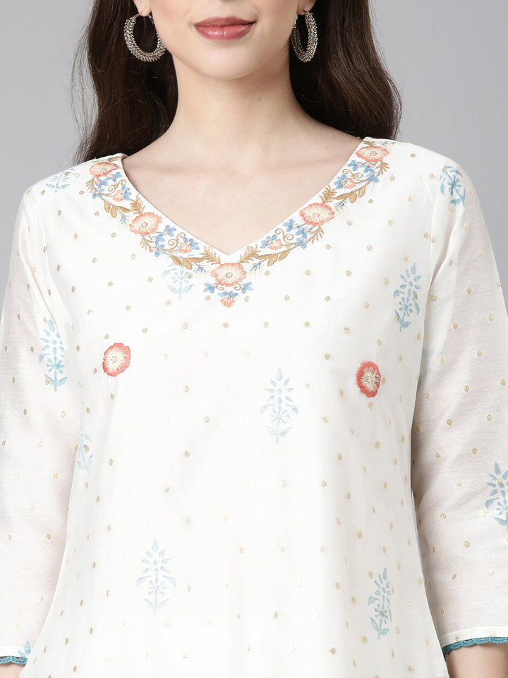 Neerus Off White Embroidered Straight Kurta and Trousers With Dupatta
