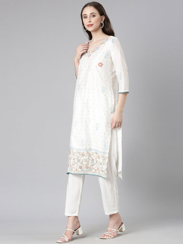 Neerus Off White Embroidered Straight Kurta and Trousers With Dupatta