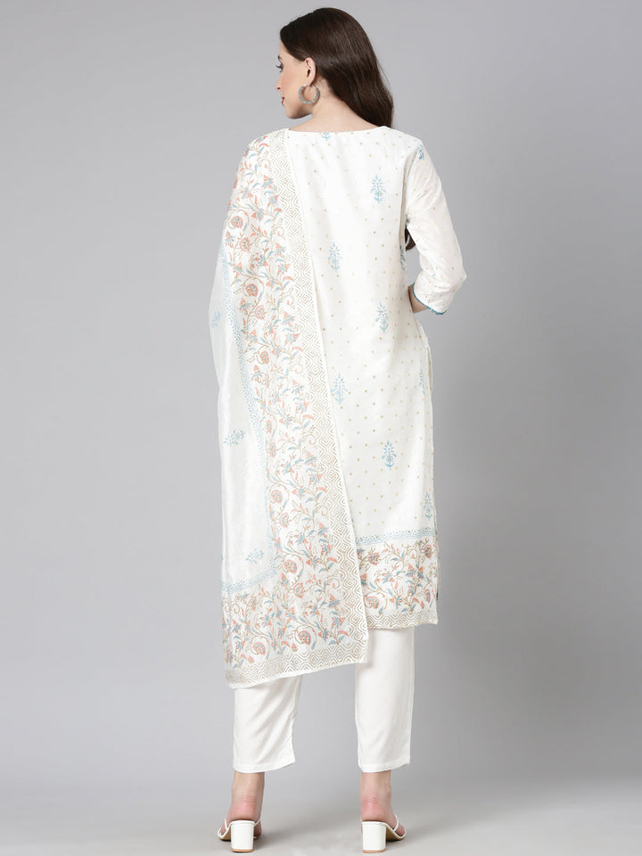 Neerus Off White Embroidered Straight Kurta and Trousers With Dupatta