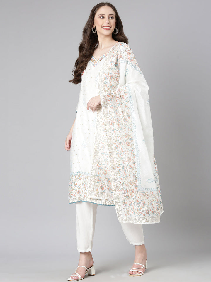 Neerus Off White Embroidered Straight Kurta and Trousers With Dupatta