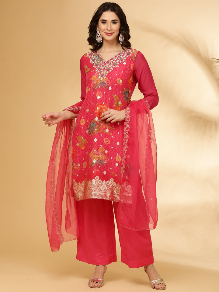 Neerus Pink organza floral printed suit set - front view