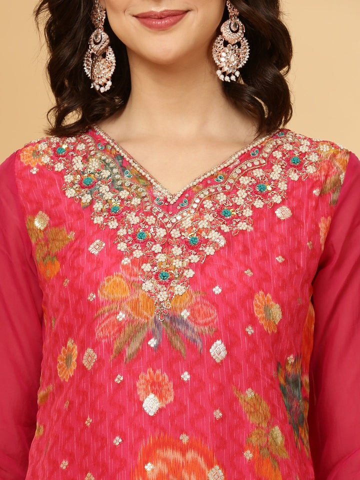 Neerus Pink organza floral printed suit set - detail view 1