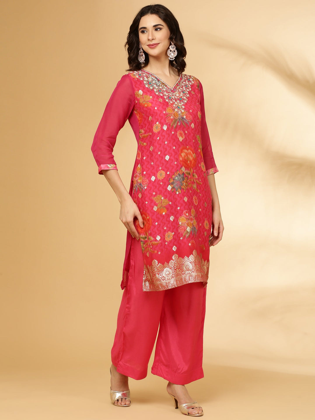 Neerus Pink organza floral printed suit set - back view