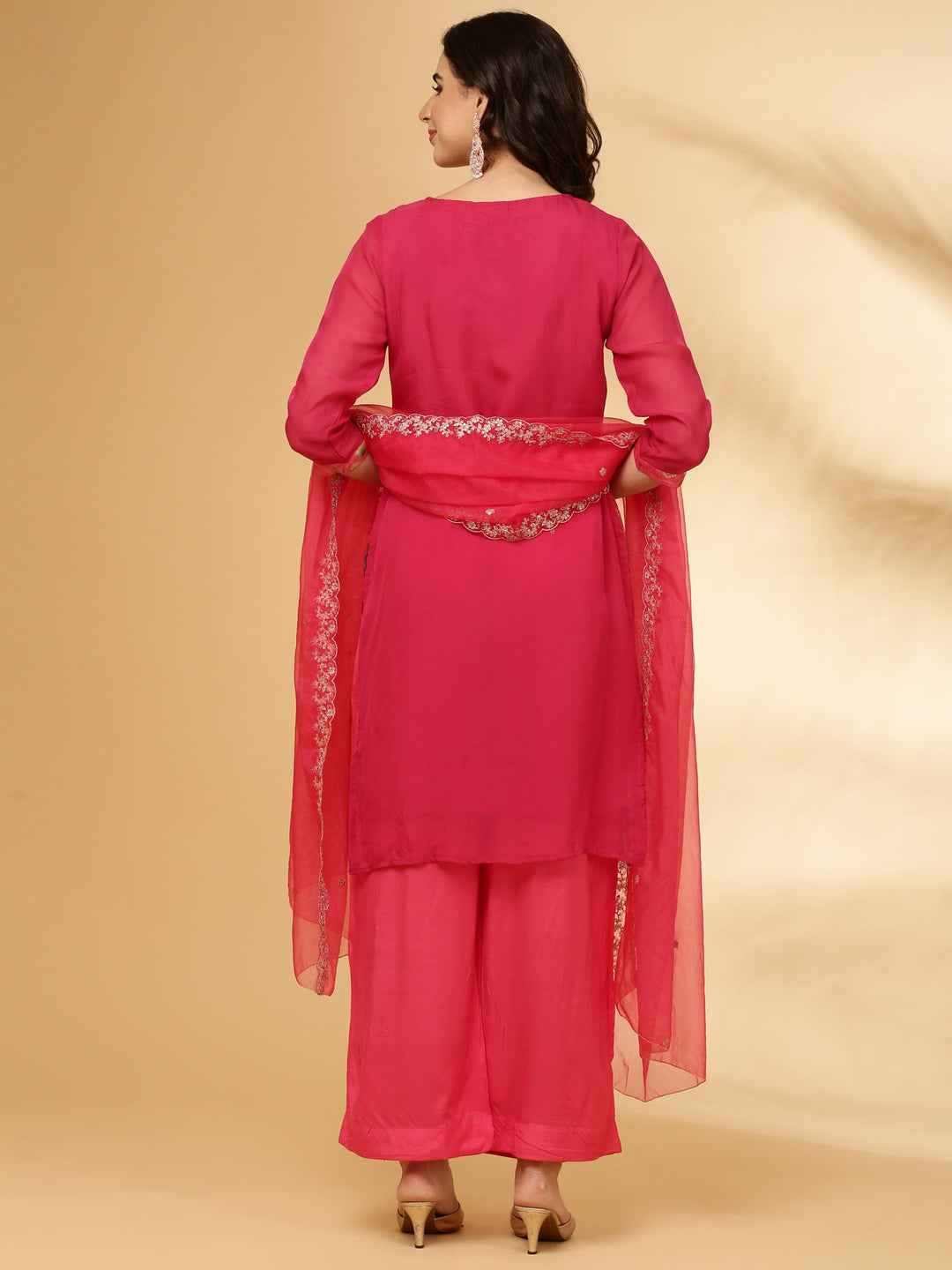 Neerus Pink organza floral printed suit set - side view