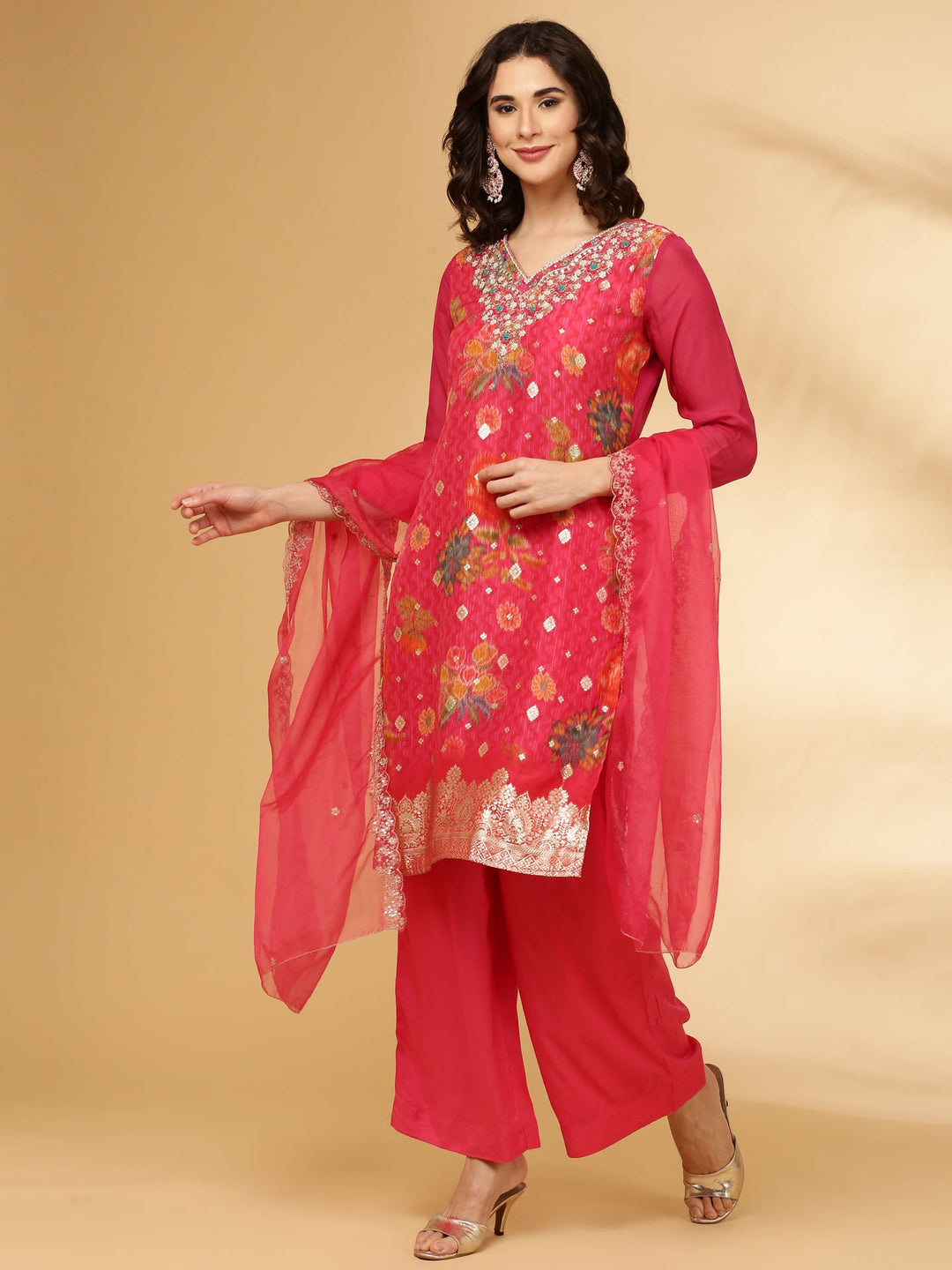 Neerus Pink organza floral printed suit set - detail view 2