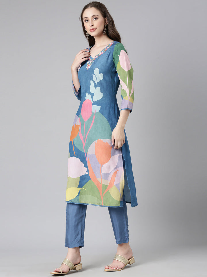 Neerus Blue Printed Straight Kurta and Trousers With Dupatta