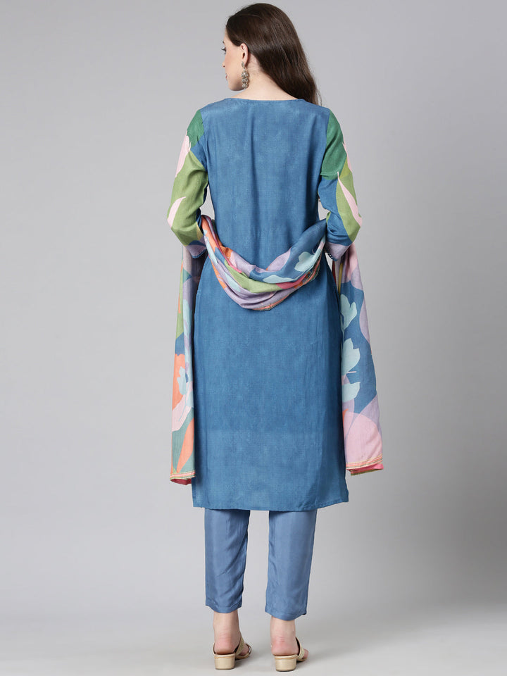 Neerus Blue Printed Straight Kurta and Trousers With Dupatta