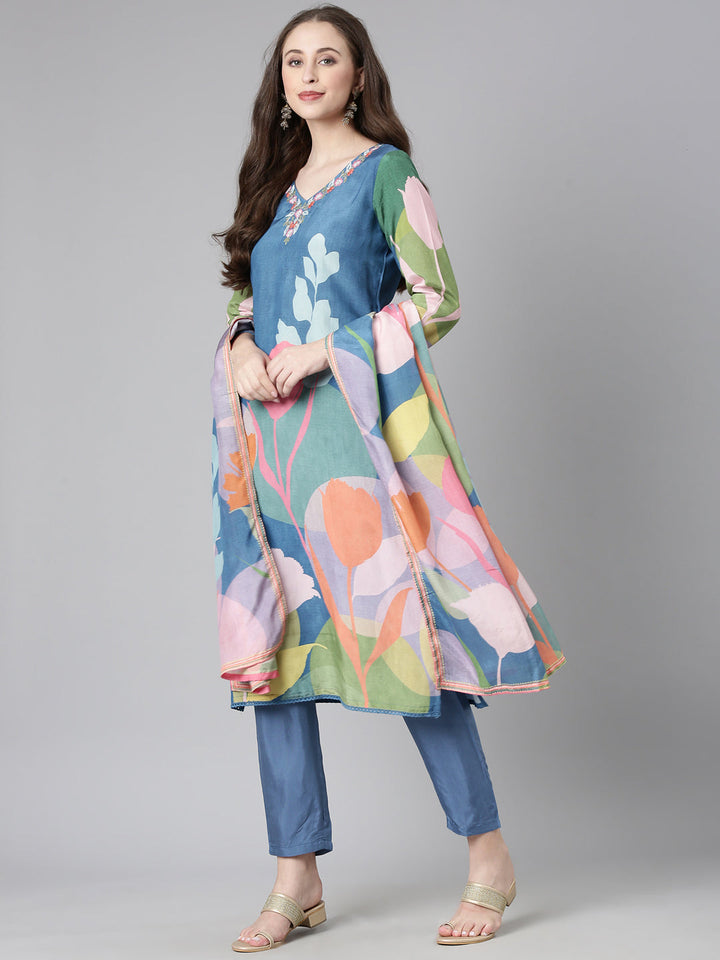 Neerus Blue Printed Straight Kurta and Trousers With Dupatta