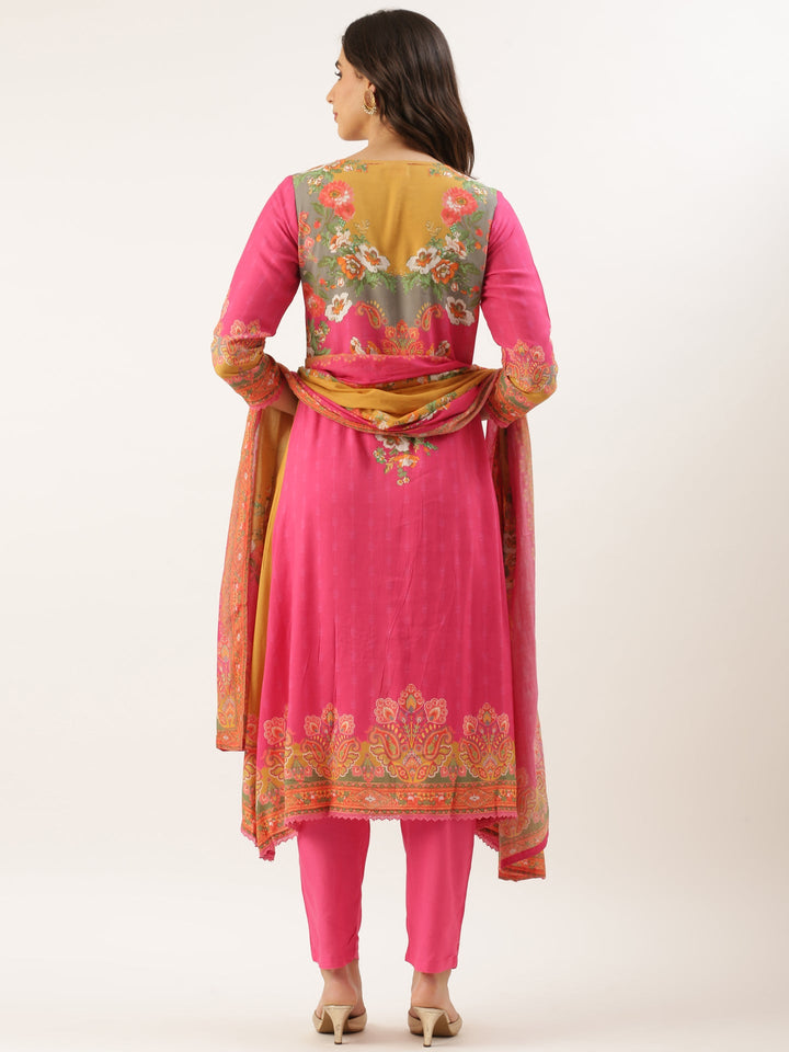Pink Muslin Printed Three Piece Set