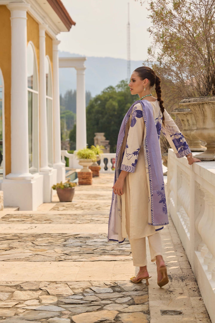 Neerus Cream Printed Straight Kurta and Trousers With Dupatta