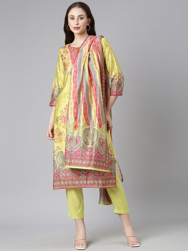 Neerus Green Yoke Design Straight Kurta and Trousers With Dupatta