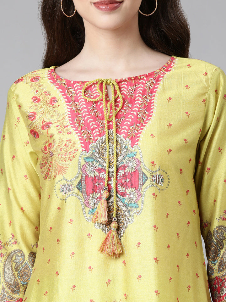 Neerus Green Yoke Design Straight Kurta and Trousers With Dupatta