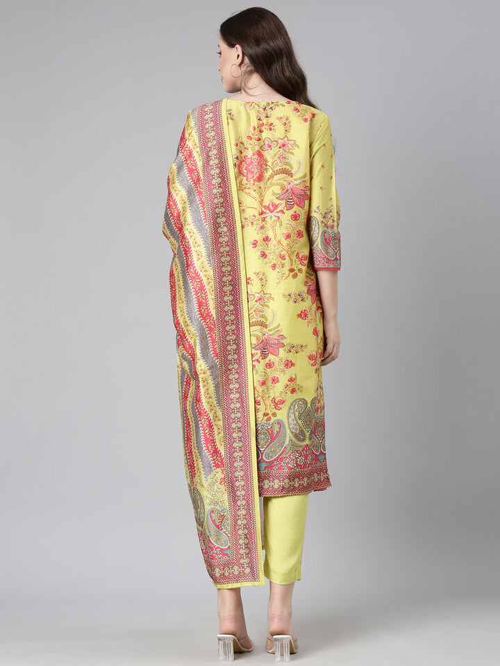 Neerus Green Yoke Design Straight Kurta and Trousers With Dupatta
