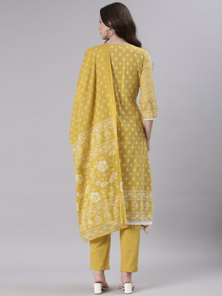 Neerus Mustard Printed Straight Kurta and Trousers With Dupatta