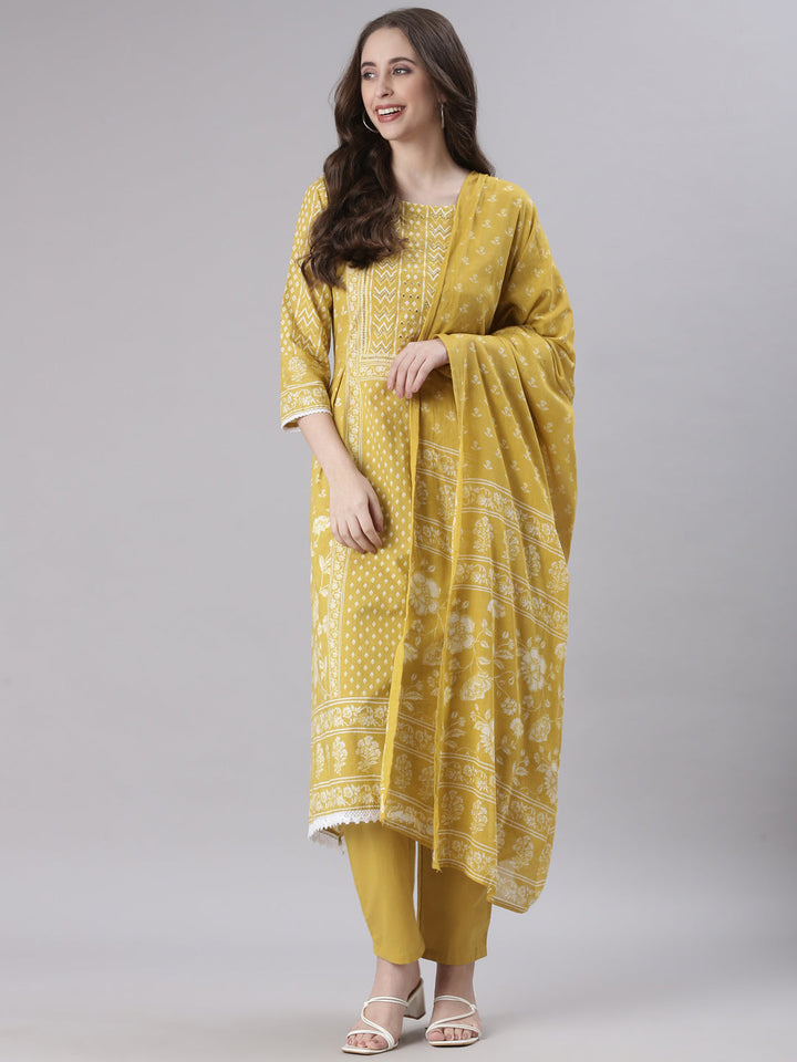 Neerus Mustard Printed Straight Kurta and Trousers With Dupatta