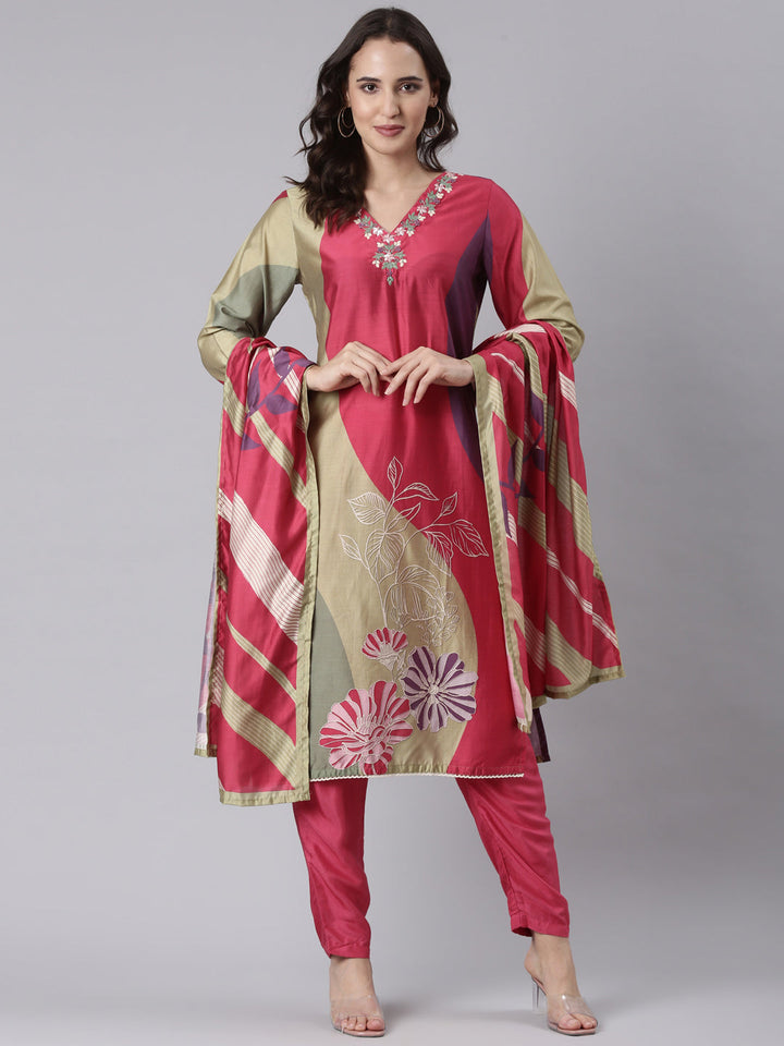 Magenta Dola Silk Embroidered With Work Three Piece Set
