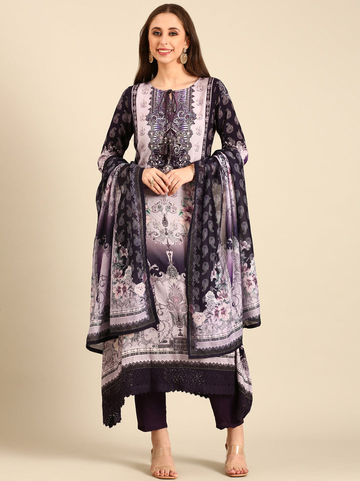 Neerus Purple viscose rayon printed suit set - back view