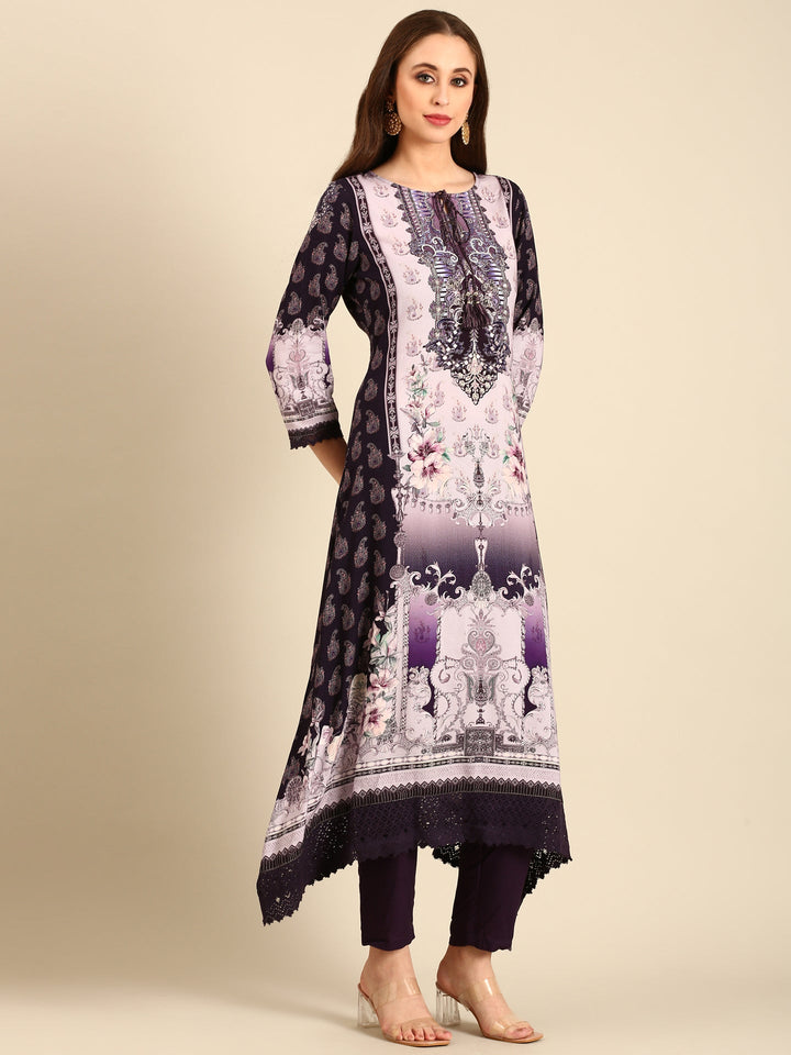Neerus Purple viscose rayon printed suit set - side view