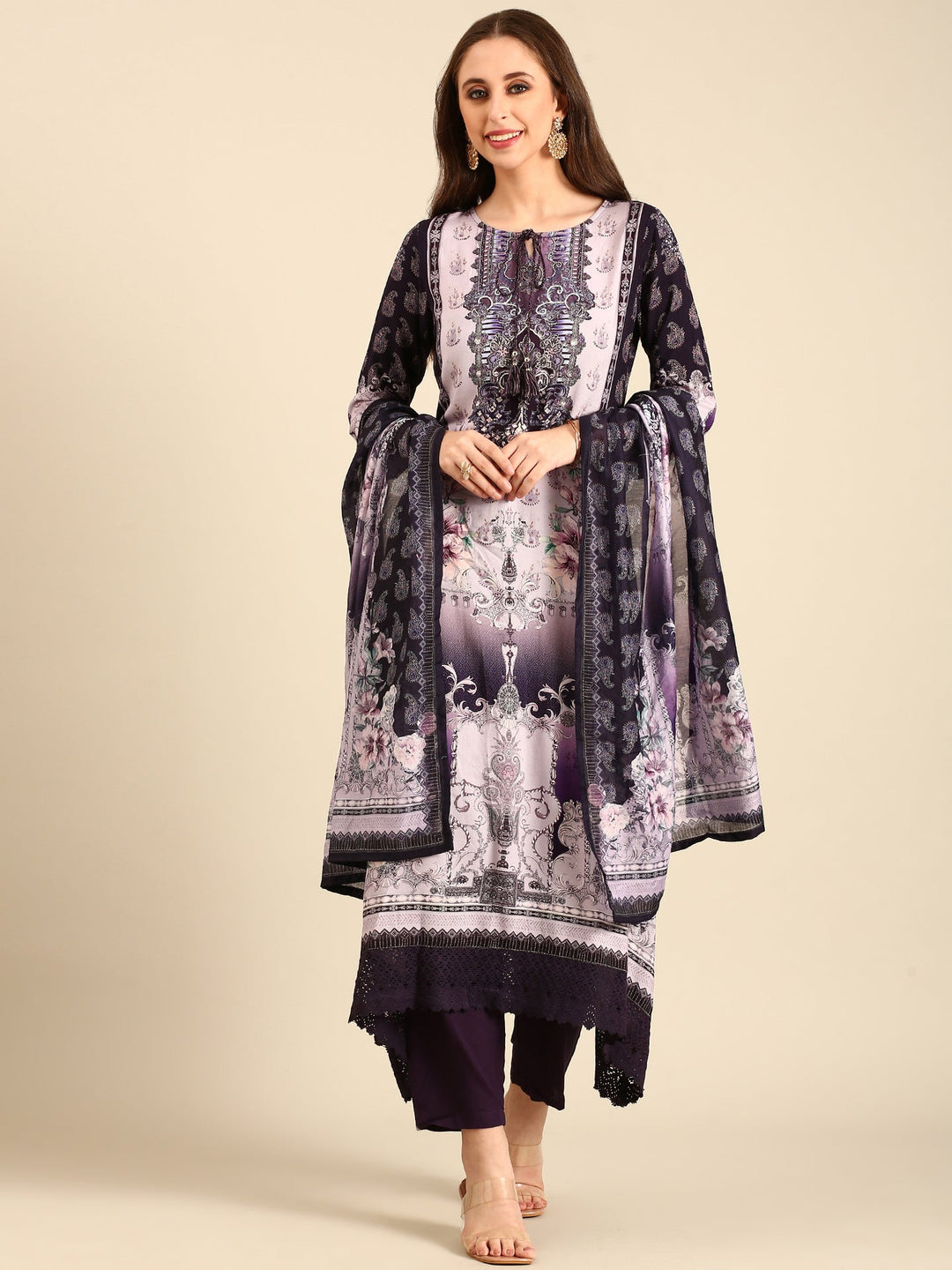 Neerus Purple viscose rayon printed suit set - front view