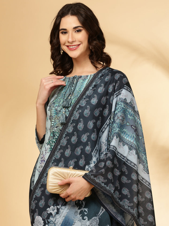 Navy Blue Rayon Printed Three Piece Set