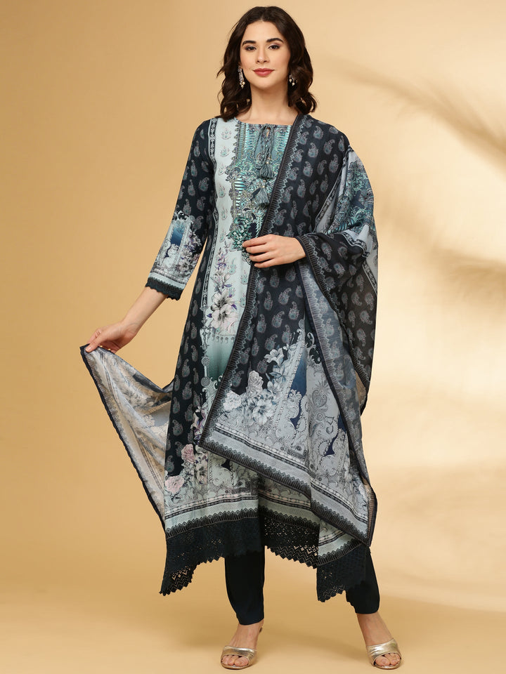 Neerus Blue Rayon Printed Suit Set - front view