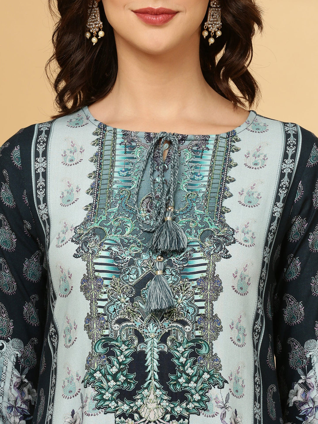 Neerus Blue Rayon Printed Suit Set - side view