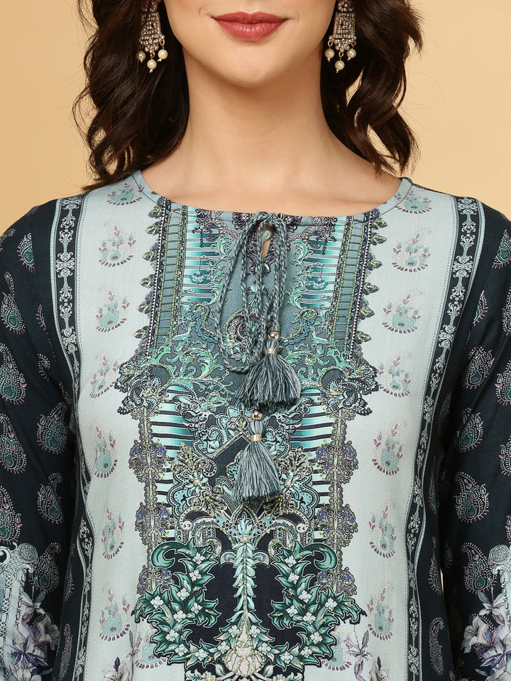 Neerus Blue Rayon Printed Suit Set - side view