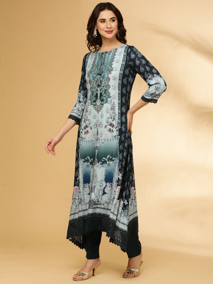 Navy Blue Rayon Printed Three Piece Set