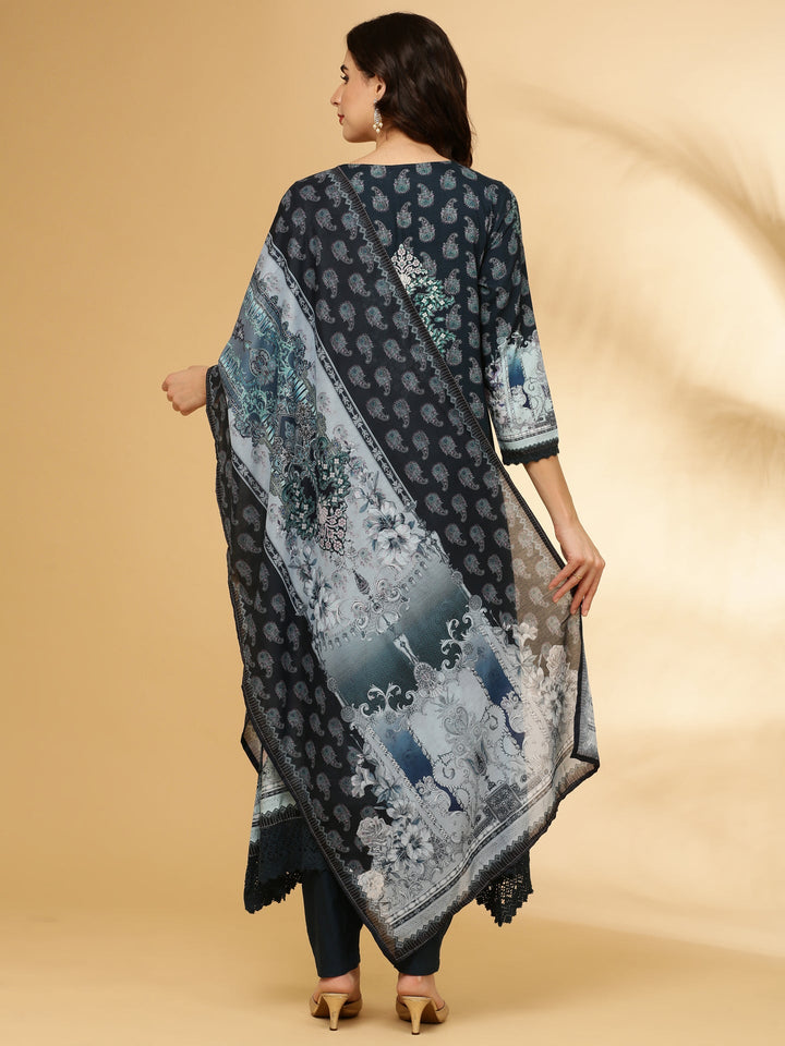 Neerus Blue Rayon Printed Suit Set - detail view 2