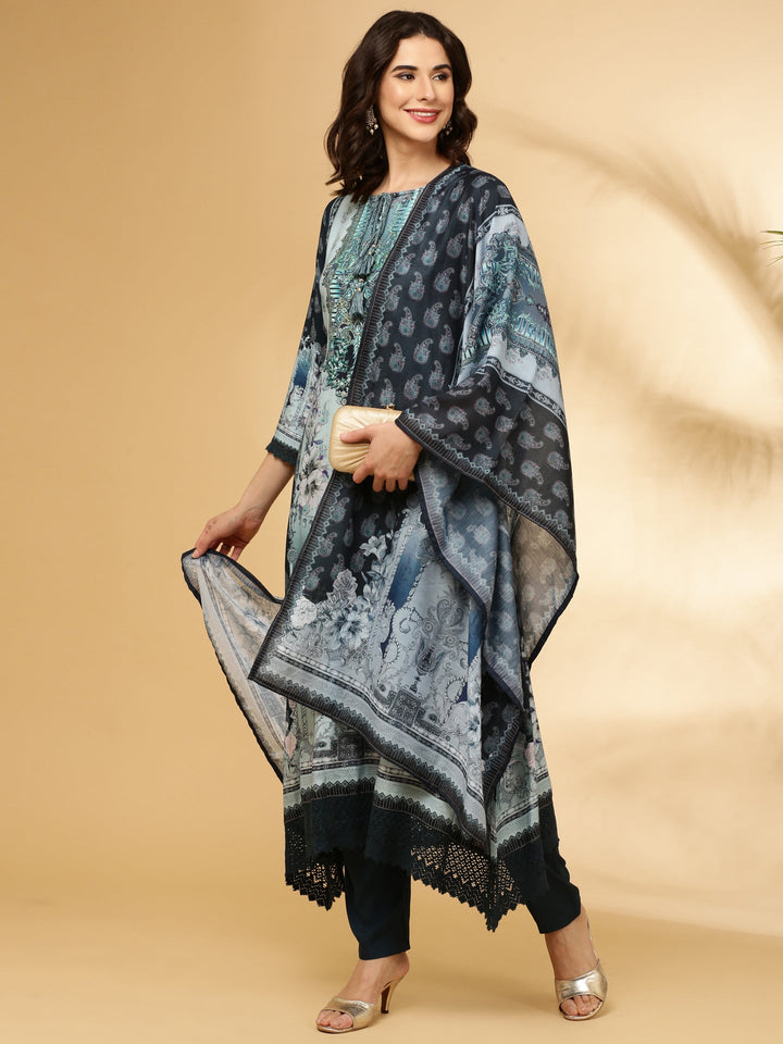 Navy Blue Rayon Printed Three Piece Set