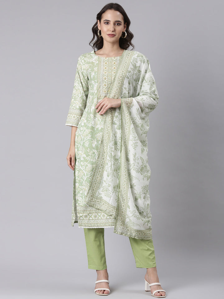 Green Rayon Printed Three Piece Set