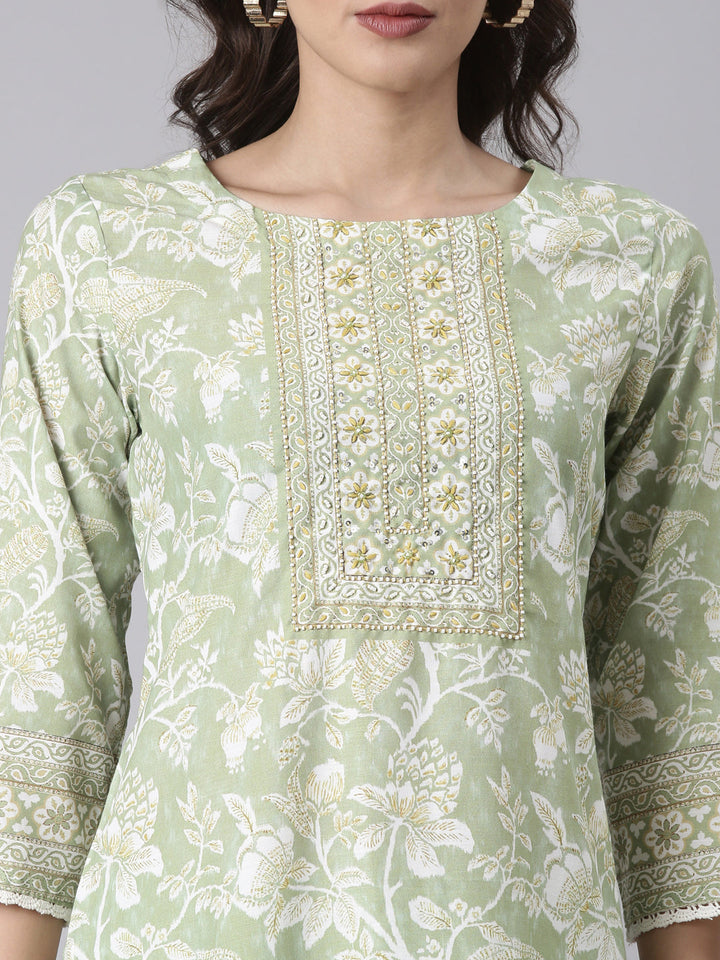 Green Rayon Printed Three Piece Set