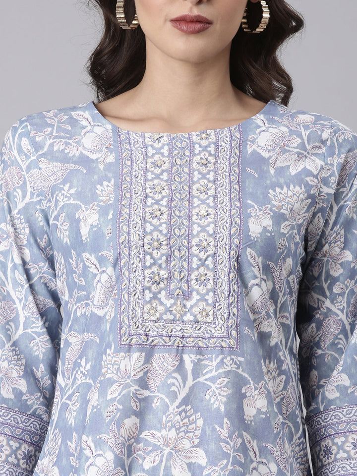 Blue Rayon Printed Three Piece Set