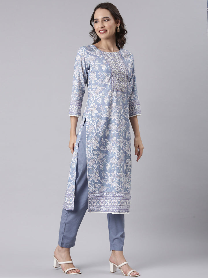 Blue Rayon Printed Three Piece Set