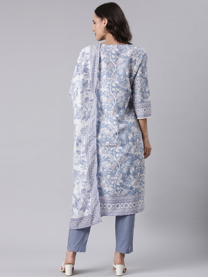 Blue Rayon Printed Three Piece Set
