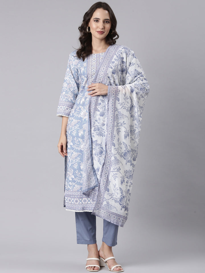 Blue Rayon Printed Three Piece Set