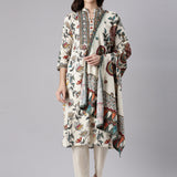 L Beige Slub Rayon Printed Three Piece Set