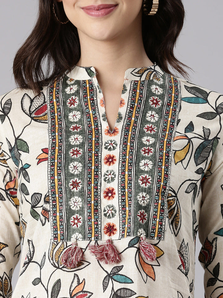 L Beige Slub Rayon Printed Three Piece Set