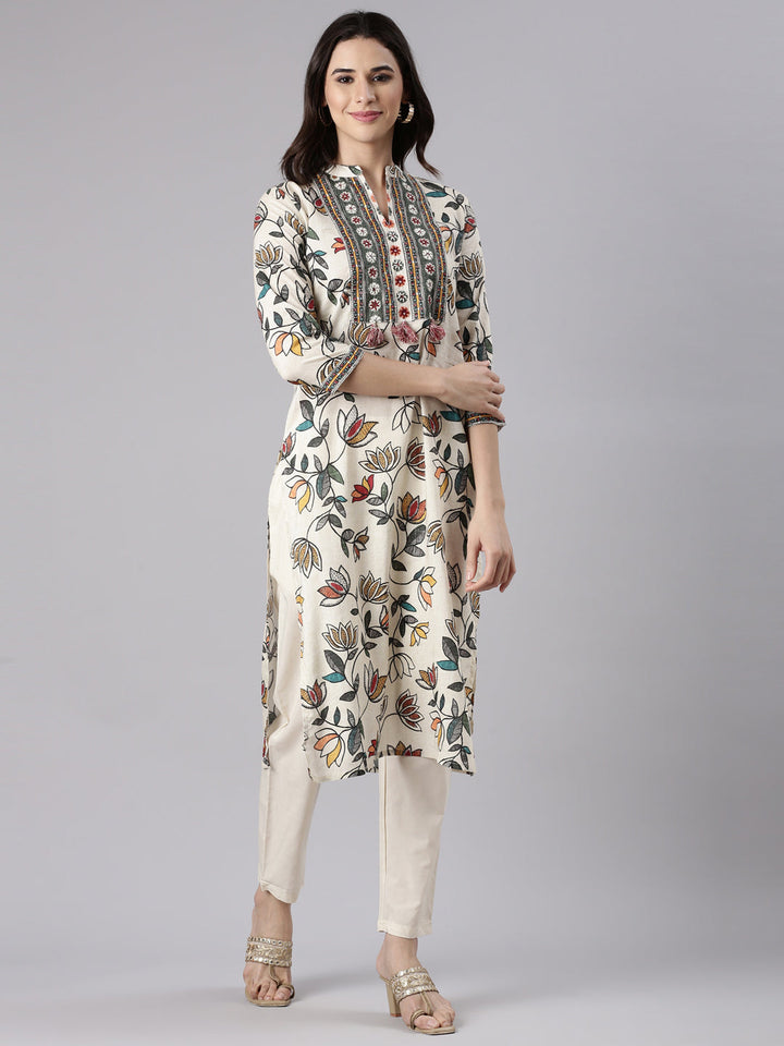 L Beige Slub Rayon Printed Three Piece Set